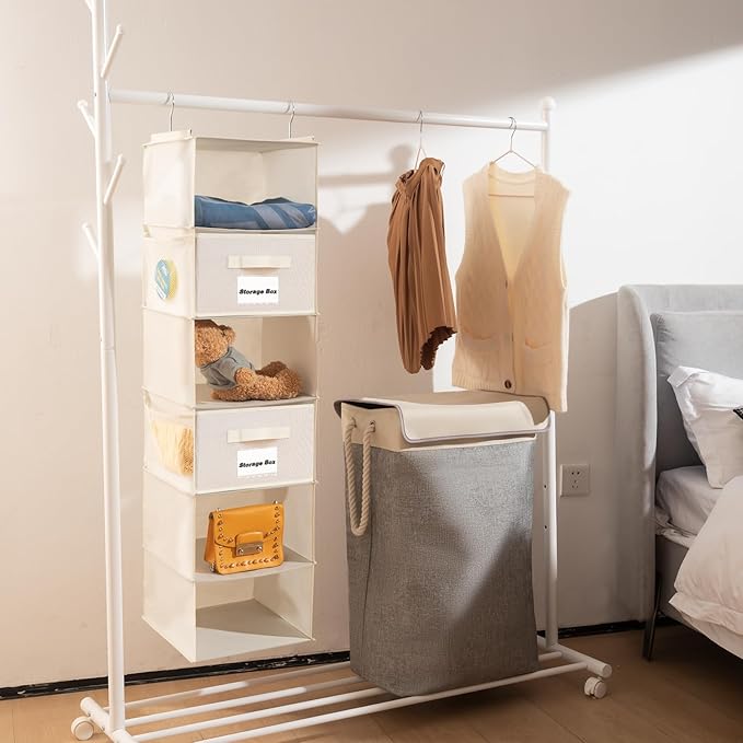 2 Pack 6 Shelves Hanging Closet Organizer with 2 Drawer, Hanging Storage with 4 Side Pockets for Clothes Shoes, 43.5"x12"x12"(Beige)