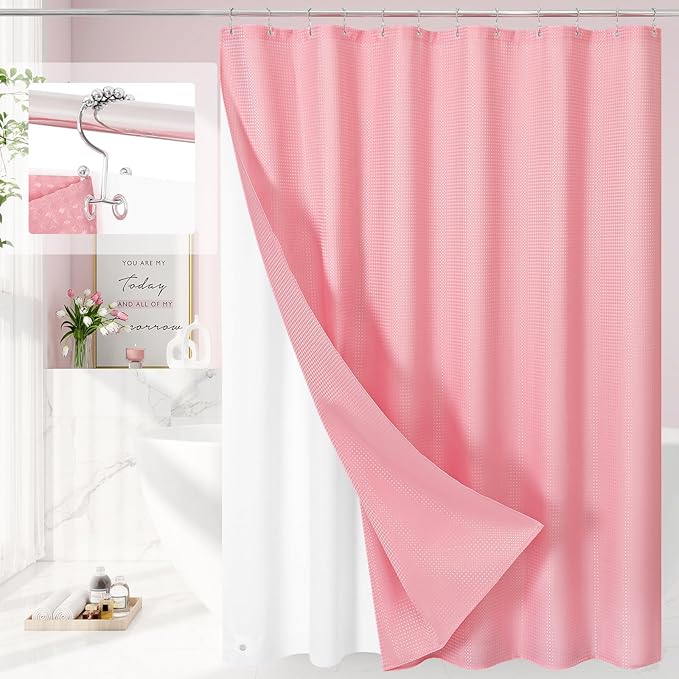 3 in 1 Long Pink Shower Curtain Set-72 W x 78 H, Modern Waffle and PEVA Liner Set with 12 Stainless Steel Hooks, Waterproof Fabric for Bathroom