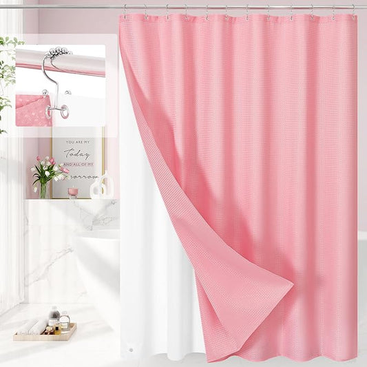 3 in 1 Long Pink Shower Curtain Set-72 W x 78 H, Modern Waffle and PEVA Liner Set with 12 Stainless Steel Hooks, Waterproof Fabric for Bathroom