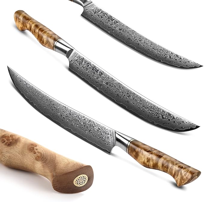 HEZHEN Slicing Knife 10 inch - Granton Carving Knives Hollow Ground Meat Knife Kitchen Long Slicer & Carver - Figured Sycamore Wood Handle - Gift Box Included - Master Series