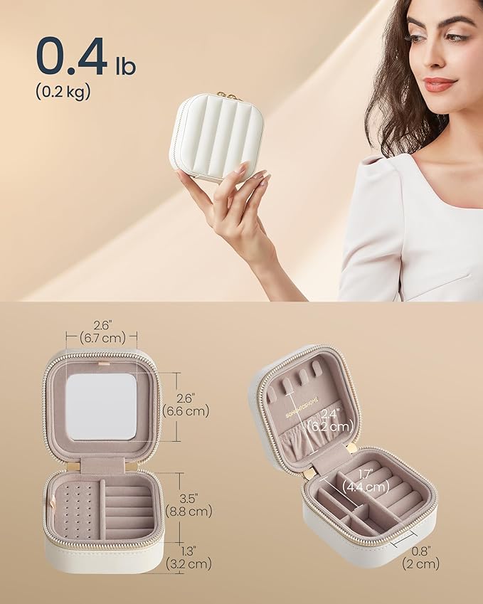 SONGMICS HOME Travel Jewelry Case, Small Jewelry Box Organizer with Mirror, 4.1 x 4.1 x 2.4 Inches, PU Surface with Stitching, Portable, Cloud White, ANAH Collection UJBC179W01