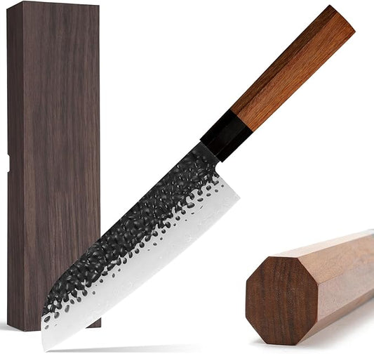 Santoku Chef Knife 7 inch Japanese 3 Layer 9CR18MOV High Carbon Steel Kitchen Knife, Professional Hand Forged Chef's Knife with Rosewood Handle