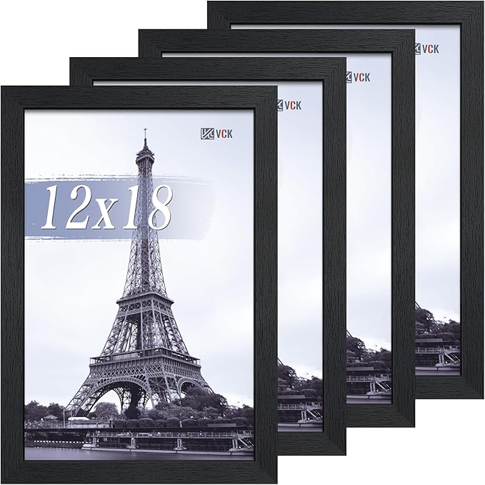VCK 12x18 Poster Frame Set of 4 - Black, Gallery-Quality Wood Picture Frames, 1.1-Inch Wide Border, Polished Plexiglass, Vertical or Horizontal Wall Display for Photo/Art/Prints, Black