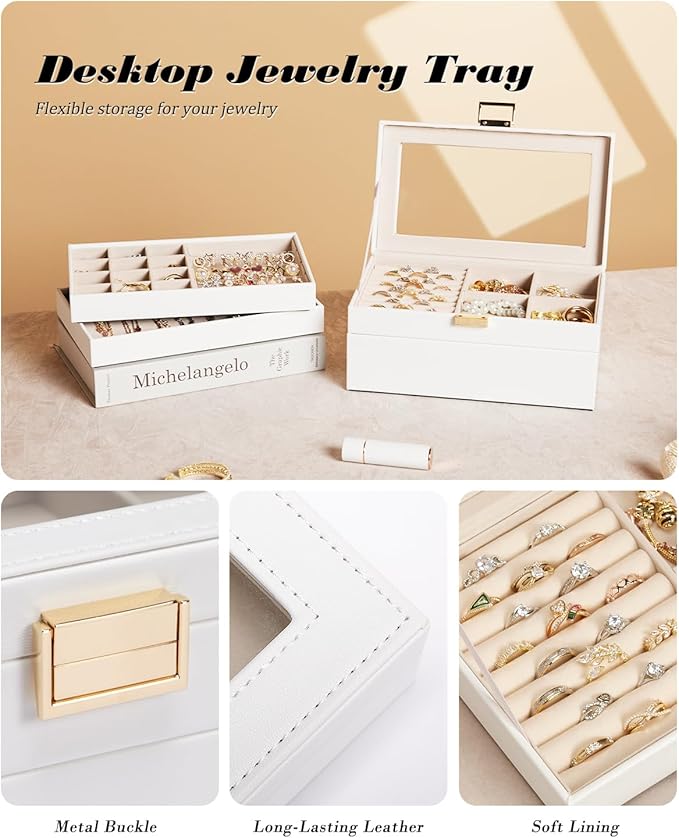 Homde Jewelry Tray Stackable Jewelry Box Drawer Organizer with Glass Lid, Removable Dividers for Vanity Table Gift Idea for Girls and Women (White)