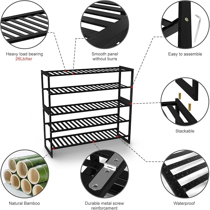 Shoe Rack Bamboo 5 Tier Shoe Organizer, Storage 20-25 Pairs for Closet Entryway, Stackable Large Tall Shoe Shelf Holder Stand Cubby for Door Hallway Bedroom Garage