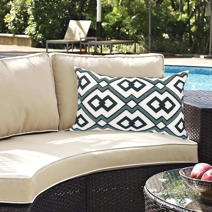 Alysheer Embroidered Lumbar Decorative Throw Pillow Cover 12"x 20", Classic Boho Geometric Embroidery Pattern Cotton Rectangular Cushion Case for Sofa Couch Living Room Bedroom (Navy Aqua)