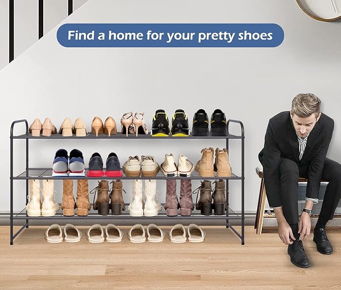 KEETDY Long 3 Tier Shoe Rack for Closet Wide Shoe Storage Organizer Stackable Metal Shoe Shelf for 24 Pairs Men Sneakers with Wire Grid for Closet Floor, Bedroom, Entryway, Bronze