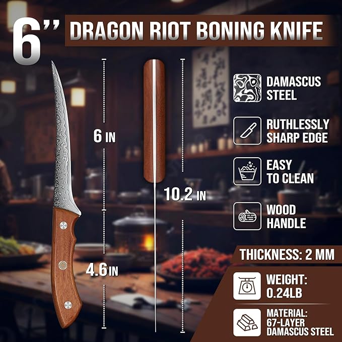 DRAGON RIOT Damascus Boning Knife 6 inch, Professional VG-10 Steel Japanese Fillet Knife, Flexible Deboning Knife,Kitchen Trimming Knife with Ergonomic Wood Handle, Premium Gift Box