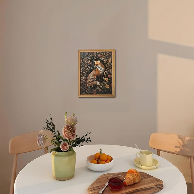 Framed 3D Textured Vintage Wall Art - Dark Academia Decor Hand Drawn Sandstone Fox Paintings with Botanical Florals, Aesthetic Wall Decor for Living Room Bedroom Home 8x10 inch