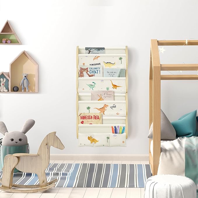 Wooden Wall Mounted Bookshelf for Kids Rooms, 4 Tier Floating Nursery Book Shelf, Kids Bookshelf with 2 Pockets, Toddler Sling Book Rack with Deep Sleeves (Dinosaur)