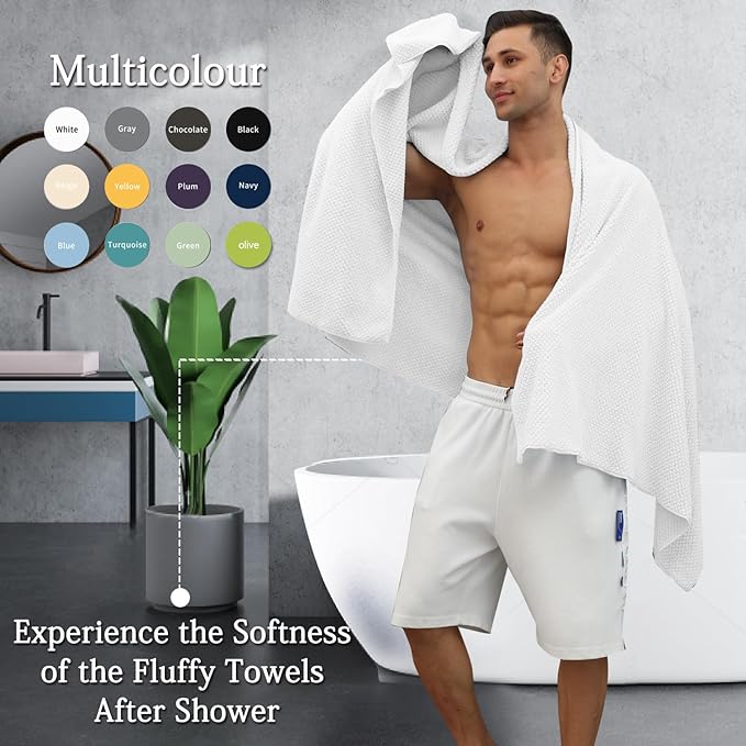 8-Piece White Bath Towels Set,2 Oversized Large Bath Towels Sheet,2 Hand Towels and 4 Washcloths - 600 GSM Soft Luxury Towel Set,Highly Absorbent Quick Dry Towel Collection for Bathroom,Hotel and Spa
