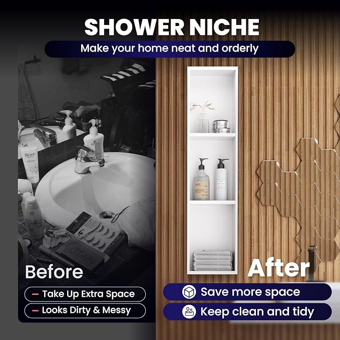 Stainless Steel Shower Niche 8" x 36", 3-Tier Shower Niches No Tile Needed, Recessed Niche for Shower Wall, Shower Niche Shelf for Bathroom Storage, White