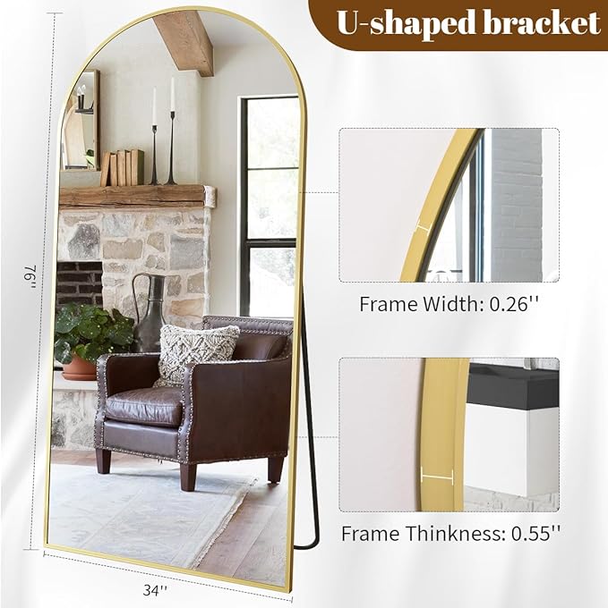 Koonmi 34"x76" Arched Full Length Mirror, Gold Large Floor Mirror with Aluminum Alloy Frame Standing Hanging or Leaning Wall-Mounted Mirror, Vanity Mirror for Living Room and Bedroom
