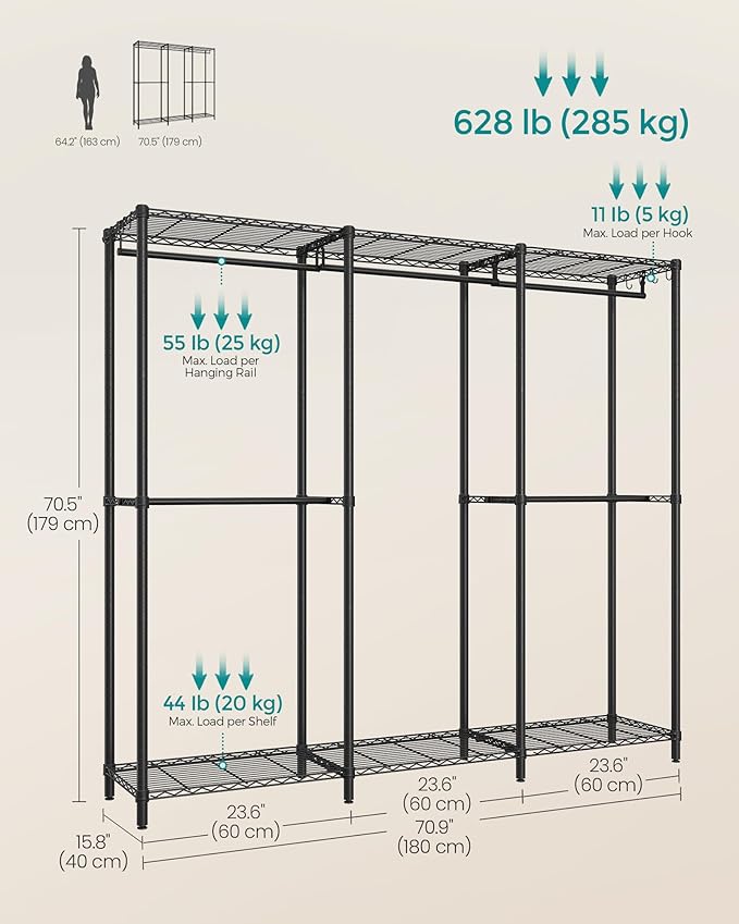 SONGMICS Clothing Rack, Heavy-Duty Garment Rack with Adjustable Storage Shelves and Hanging Rails, Hooks, Freestanding Portable Wardrobe Closet Rack, Ink Black ULGR436B01