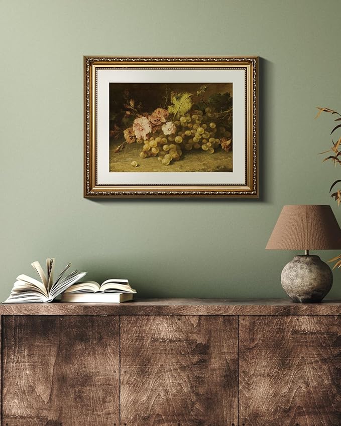 VIYYIEA Gold Framed Wall Art Canvas Print Home Decor Fruit Vintage Oil Painting Prints Modern Flowers Grapes Pictures Decor Still Life Wall Decor Artworks for Kitchen Farmhouse Office Bathroom 13x16in
