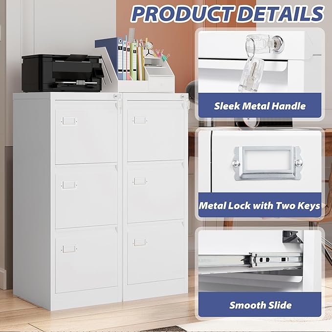 3 Drawer File Cabinet with Lock, Metal Filing Cabinets, Vertical Small Filing Cabinet Steel Lockable Storage Cabinets for Home Office to Organization Hanging Letter/Legal/F4/A4