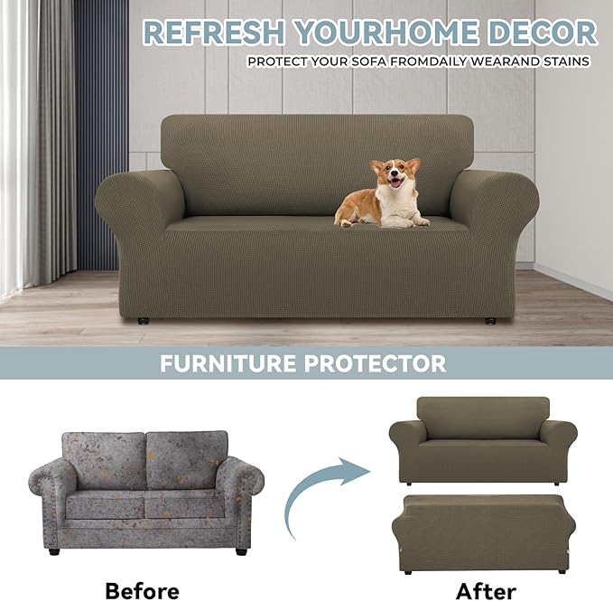 LURKA Stretch Loveseat Sofa Slipcovers 1 Piece Couch Covers for Sofa Furniture Protector Full Sofa Covers with Elastic Bottom for Kids and Dog (Medium, Khaki)