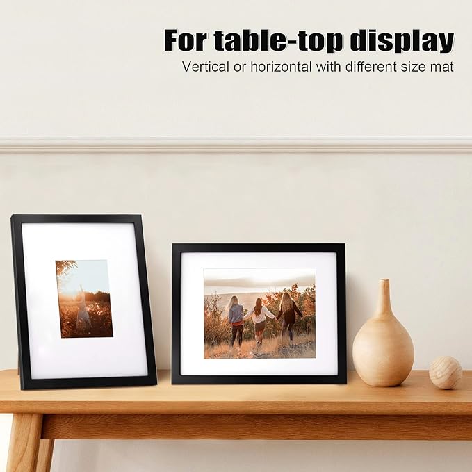 KINLINK 11x14 Picture Frame Black, Solid Wood Frames with Acrylic Plexiglass for Pictures 5x7/8x10 with Mat or 11x14 without Mat, Tabletop and Wall Display, Set of 4