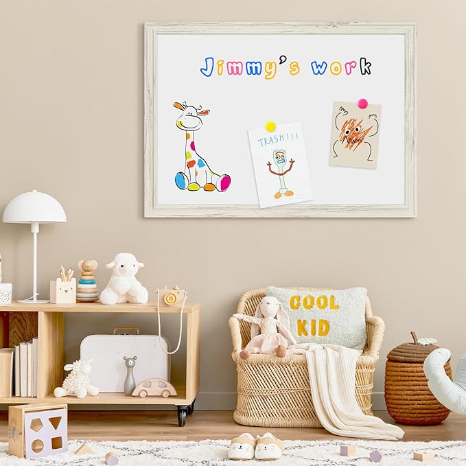 4 THOUGHT Dry Erase Board, 24 x 36 in Magnetic Whiteboard White Vintage Wood Frame Wall-Mounted White Board Decorative Notice Board for School, Office, Home, 6 Magnets 4 Markers 1 Eraser