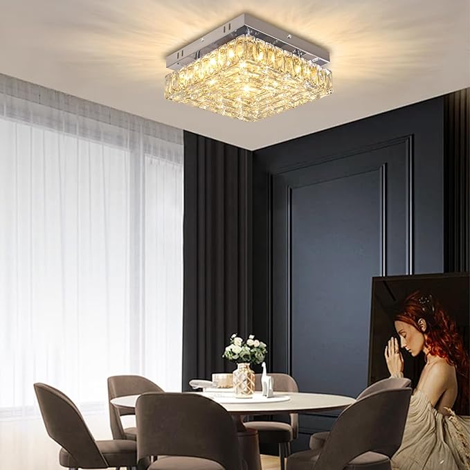 Square Crystal Ceiling Light 10.6" Modern LED Bedroom Chandelier Small Flush Mount Ceiling Lights Fixture for Kitchen Dining Room (Warm Light)