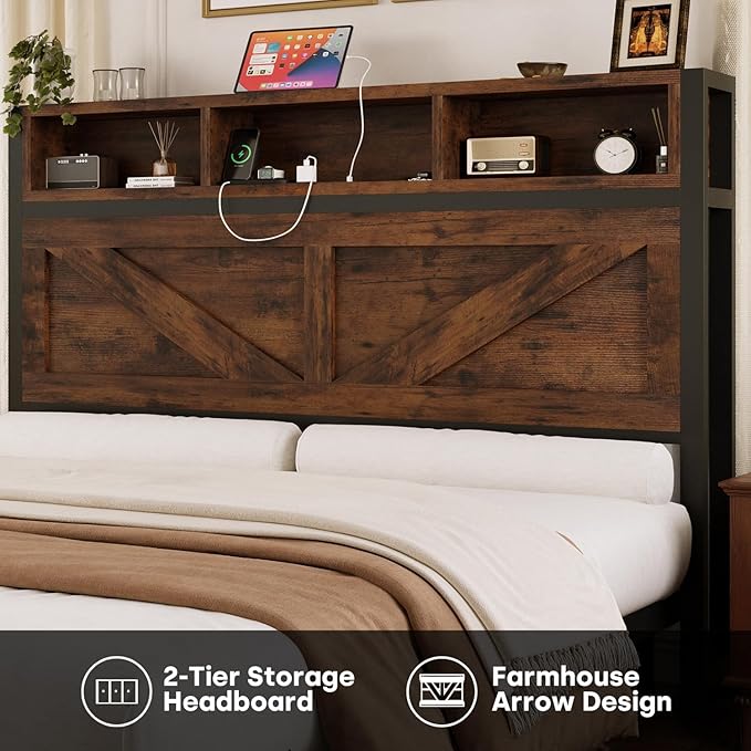 Farmhouse Full Bed Frame with Bookcase Storage Headboard, Charging Station, LED Light and 2 Storage Drawers, Noise Free, No Box Spring Needed, Brown