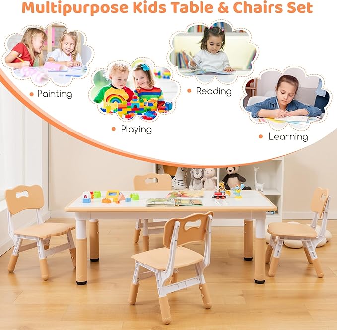 Costzon Kids Table and 4 Chair Set, Height Adjustable Toddler Desk and Chairs with Graffiti Desktop, Non-Slip Legs, Children Art Study Multi-Activity Table Set for Home, Daycare, School (Natural)