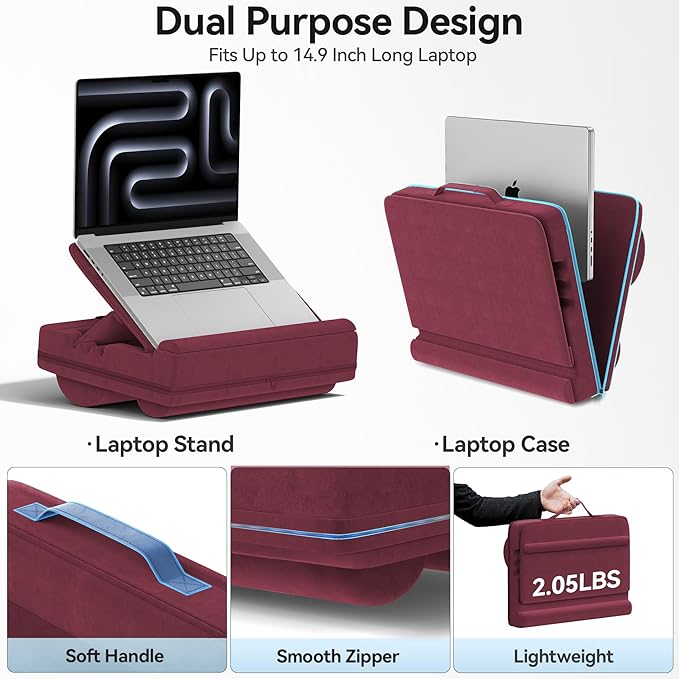 Laptop Lap Desk with Cushion, Adjustable Lap Desk Pillow with Storage, Portable Lap Table for Adults Student, Laptop Stand for Bed Office Dorm Home Room Couch, Fits Up to 14.9" PC Tablet, Red
