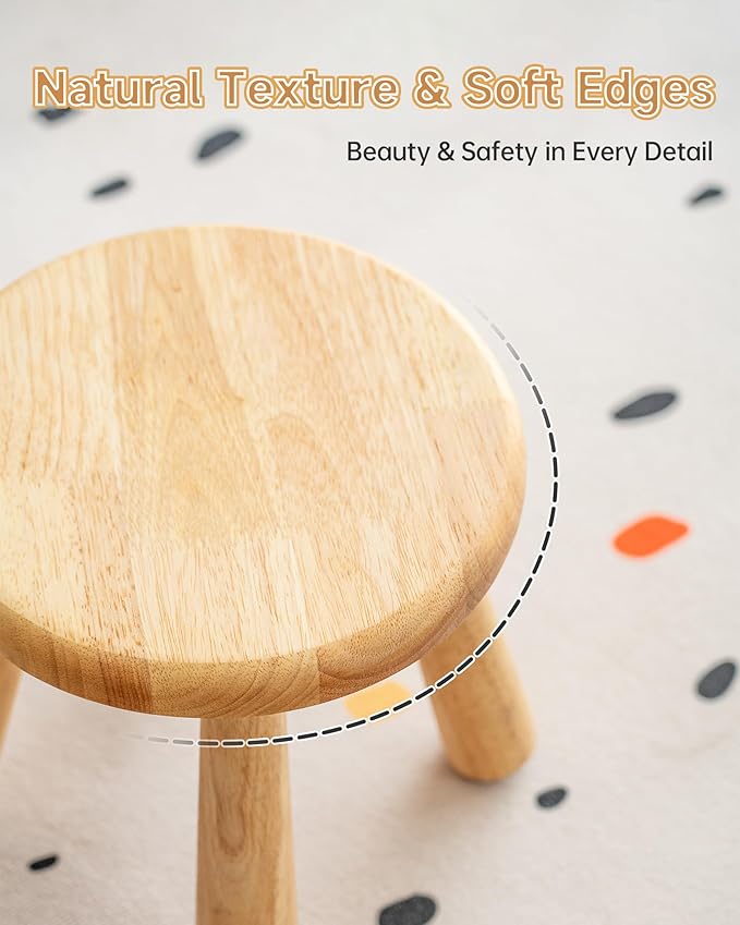 100% Solid Wood Mushroom Step Stool, Small Wooden Stool for Kids & Adults, Plant Stand & Side Table, Compact & Sturdy Footstool for Bathroom, Bedroom, Living Room, Natural (2PCS)