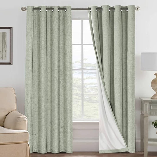 H.VERSAILTEX Linen Blackout Curtains 96 Inches Long 100% Absolutely Blackout Thermal Insulated Textured Linen Look Curtain Draperies Anti-Rust Grommet, Energy Saving with White Liner, 2 Panels, Sage