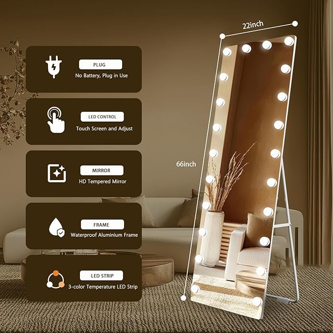 66x22 Hollywood Full Length Mirror with Light, 22 Dimmable Bulbs & 3 Color Smart Touch Control, Distortion Free, Tempered Glass & Shatter Proof Film, Safe Full Body Mirrors with Stand