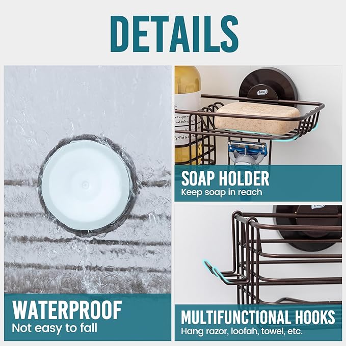TAILI Shower Caddy Suction Cup 2 Pack with Hooks & Soap Holder, Heavy Duty Shower Organizer for Bathroom, No Drilling Bathroom Organizer with Large Capacity, Metal Storage Basket-Brown
