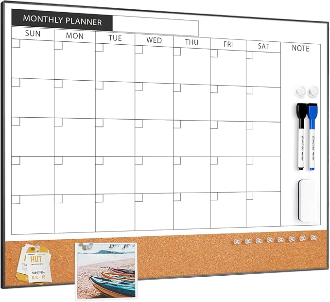 ARCOBIS Dry Erase Calendar with Cork Board for Wall, 24"x 18" Magnetic Calendar Whiteboard with Black Frame, Monthly Combination Board for School, Home, Office