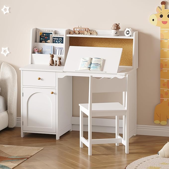 Treocho Kids Study Desk and Chair Set, Kids Desks with Hutch and Tiltable Desktop for 5-12 Years Old, Wooden Children Study Table with Fabric Drawers, Student Writing Desk Bedroom, Home School，White