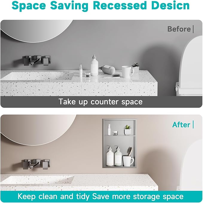 Brushed Nickel Stainless Steel Shower Niche 12" x 18" – Recessed 2-Tier Shower Shelf, 12"x12" Upper & 12"x6" Lower Storage, Waterproof & Rustproof, Modern Bathroom Wall Niche