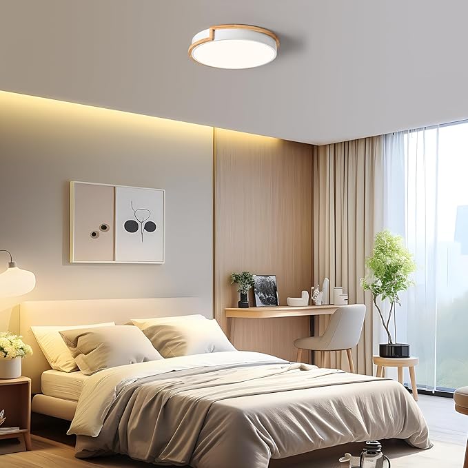 Modern LED Close to Ceiling Light, Round Flush Mount Ceiling Lighting Fixture, Matte White with Wood Accent, Minimalist Kitchen Light Fixtures for Bedroom, Entryway, Living Room, 15.8in