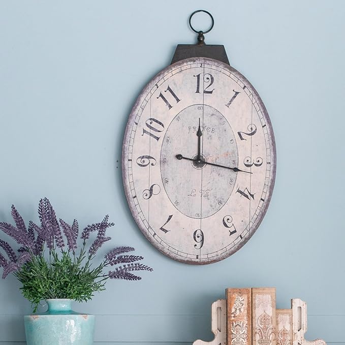 18" x 29" Rustic Farmhouse Oval Wall Clock, Solid Wood Silent Non-Ticking, Battery Operated Decorative Clock for Living Room, Kitchen, Bedroom, Office and Home Decor