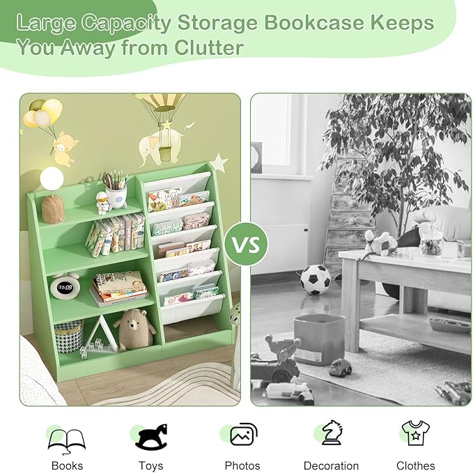 Kids Bookshelf Toddler Bookcase Children Book Rack Baby Toy Storage Organizer Child Book Display Shelf 4-Tier 5 Layer Sling Cabinet Chest Playroom Bedroom Classroom Library Green
