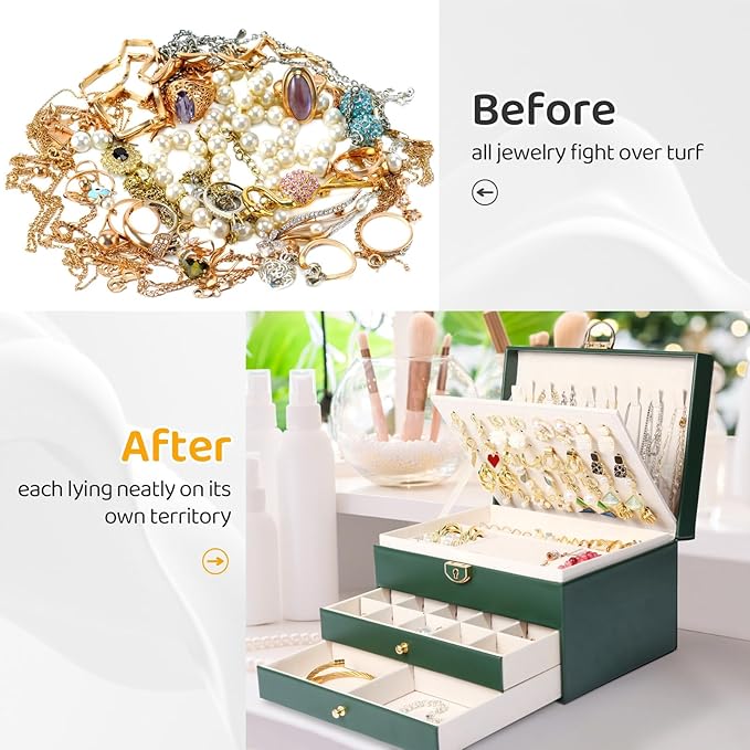 3-Layer Jewelry Box for Women, Jewelry Organizers and Storage with Removable Jewelry Tray, Vintage Quilted Top Lockable Jewelry Holder Gift Idea Dark Green