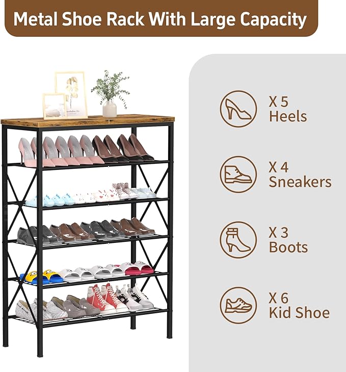 6 Tiers Metal Shoe Rack，Large Capacity Shoe Rack Holds 24 Pairs of Shoes, Durable and Stable, Adjustable Metal Shelf Stackable Shoe Shelf for Entryway, Hallway, Living Room, Closet