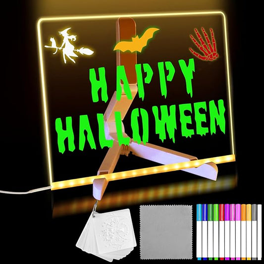 LED Acrylic Message Board, Light Up Acrylic Dry Erase Board 5.9x5.9” with Stand, LED Note Board with Colors for Kids, Glow Memo Message Writing Board with Light, Drawing Stencils Set Included