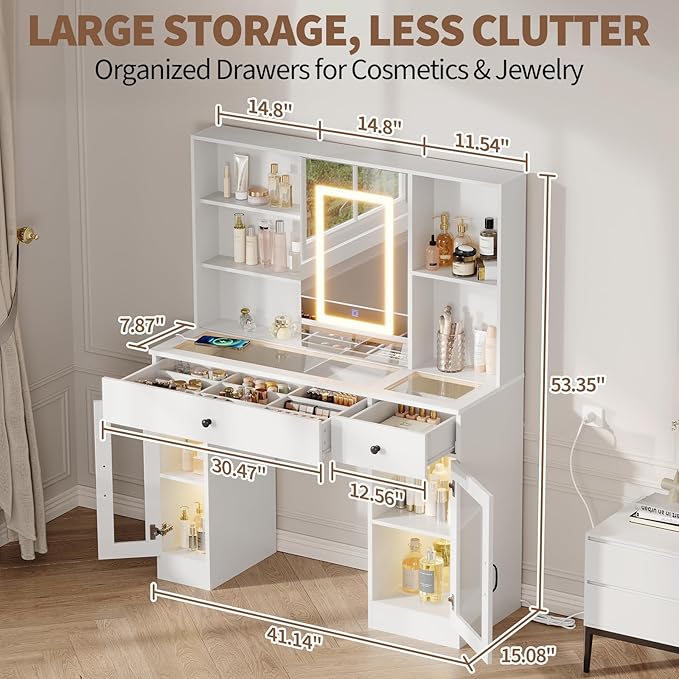 Vanity Desk with Mirror and Lights, Glass Top Vanity Desk with Sliding LED Mirror & 3-Color Lights, Makeup Dressing Table with Storage Drawers, Rainbow Glass Cabinets, USB/AC Outlets, MDF Beauty Hub