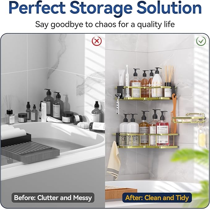 YASONIC Corner Shower Caddy Organizer, 3-Pack Self-Adhesive Rustproof Bath Shelves with Soap Holder & 4 Hooks, Large Capacity Shower Storage Rack for Bathroom Organization, Gold