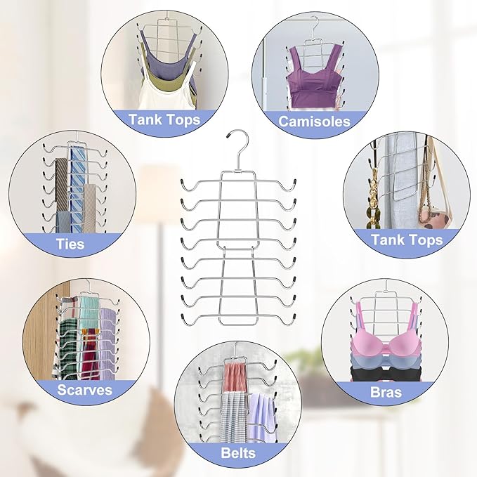 4Pcs Tank Top Hangers Space Saving Hanger Organizer Bra Hangers for Closet Organizer 360° Rotating Metal Closet Organizers and Storage Lingerie Hangers for Cami Bras Belts Swimsuits Lingeries Silver