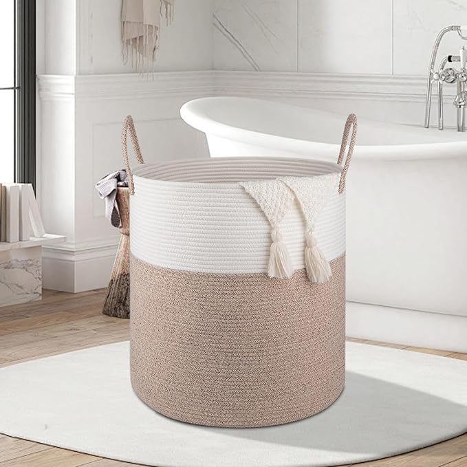 OIAHOMY 100L Laundry Hamper, Dirty Clothes Hamper for Bedroom, Collapsible Laundry Basket, Large Blanket Basket, Nursery Hamper with Handle, Blanket Storage for Living Room-18.5x21inches-Brown&White