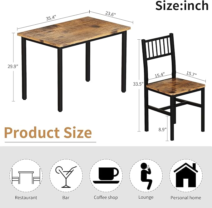 Lamerge Small Kitchen Table Set for 2, Industrial Dining Breakfast Table and 2 Chairs, 3 Pieces Dining Table Set for Dining Room, Living Room, Apartment, Small Space (Retro Brown)