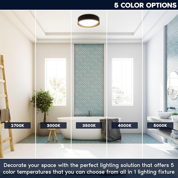 LUXRITE 17-Inch LED Flush Mount Ceiling Light, 5CCT Selectable 2700K–5000K, 2420 Lumens, 34W, CRI 90, Dimmable, Damp Rated, Decorative Flush Mount with Interchangeable Canopy - Black & Gold Finish