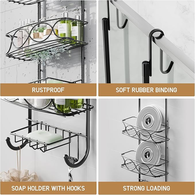 LEVERLOC Over The Door Shower Caddy, Shower Hanging Organizer Sturdy Rust Proof Bathroom Shelves with Strong Suction Cup and Reliable Hooks, Bath Basket Storage Rack, Metal Black