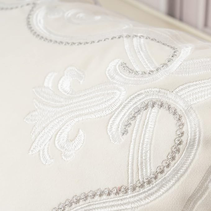 Aeckself European Floral Pillow Cover 20x20 Inch, Luxury Velvet Embroidered Decorative Throw Pillow Cover for Couch Bedroom Living Room, White Silver