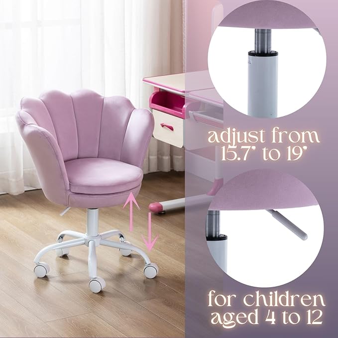 Purple Kids Desk Chair, Cute Velvet Adjustable Children Desk Chair Rolling Study Armchair Upholstered Computer Chair Shell Back 360° Swivel Vanity Chair for Teen Boys Girls Bedroom Study