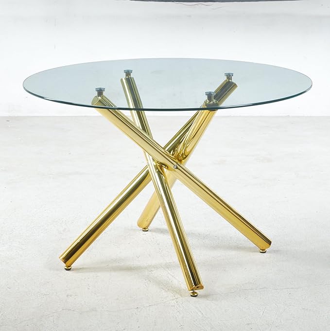 Round Glass Dining Table,Glass Dining Room Table with Tempered Glass Tabletop and Metal Legs, Modern Style Glass Kitchen Table for Home, Kitchen, Dining Room